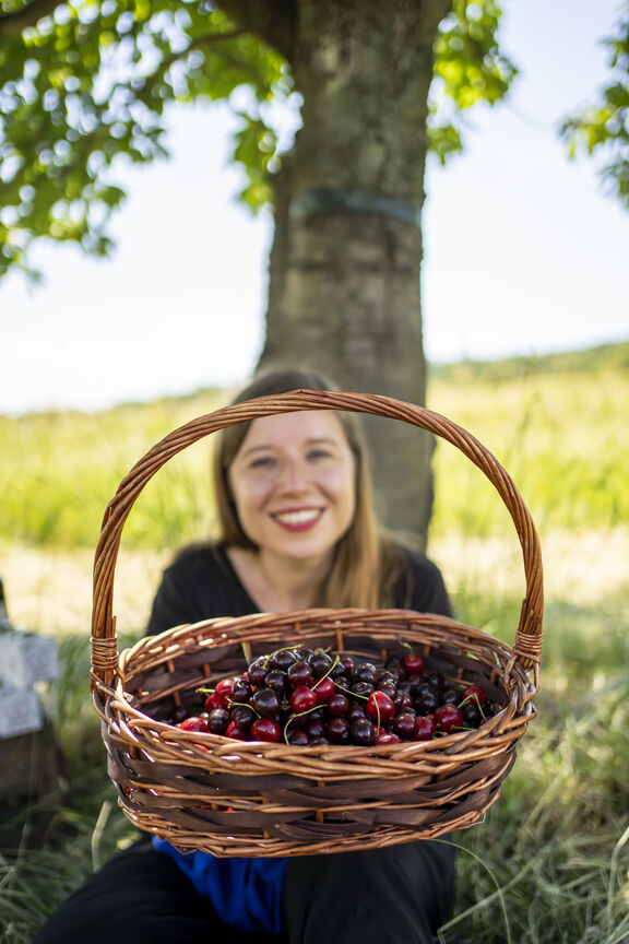 Frau mit Kirschkorb